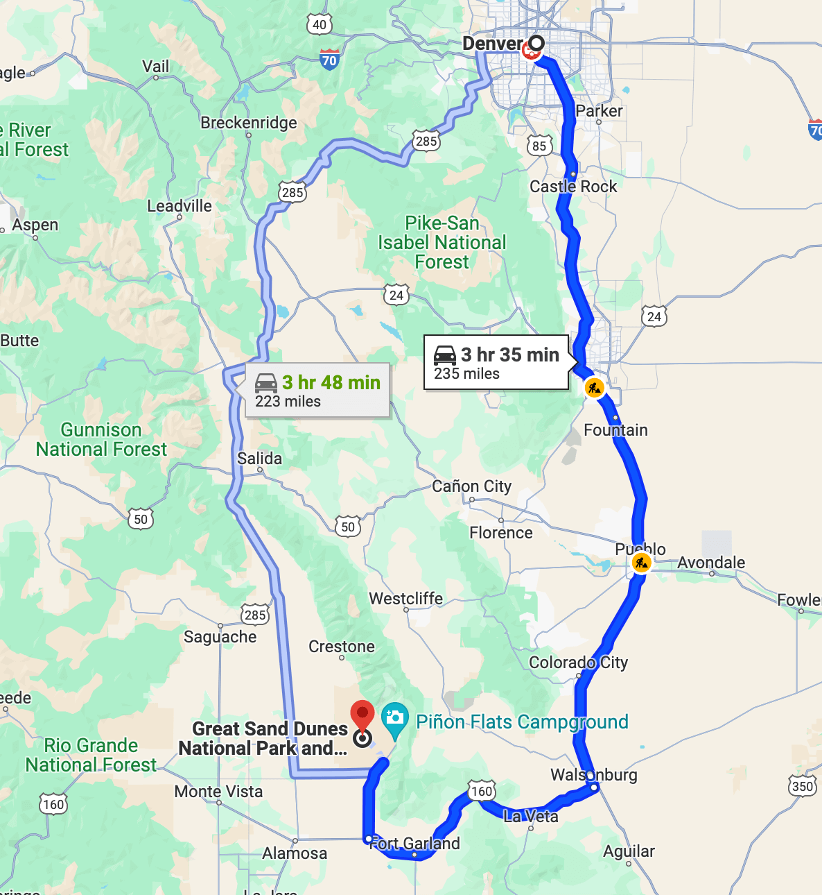 The map of how to get to Great Sand Dunes - Tomo Travel & Camping The map is showing that there are two ways to get to Great Sand Dunes National Park from Denver.
